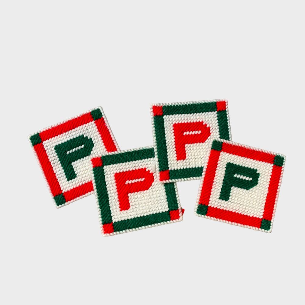 Handmade Coaster Set Letter P Pattern Plastic Canvas Holiday Red Green White